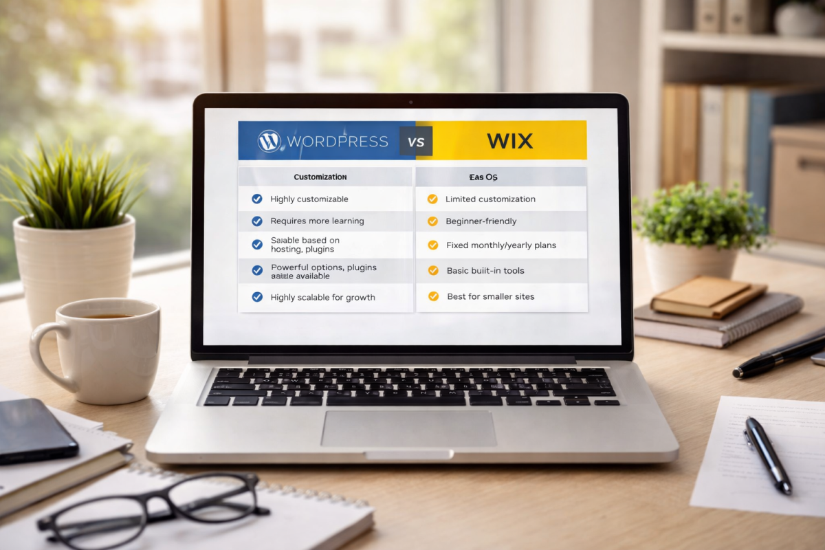 WordPress vs Wix for Small Business | Professional Cheap Websites from 9 WordPress vs Wix for small business comparison on a laptop